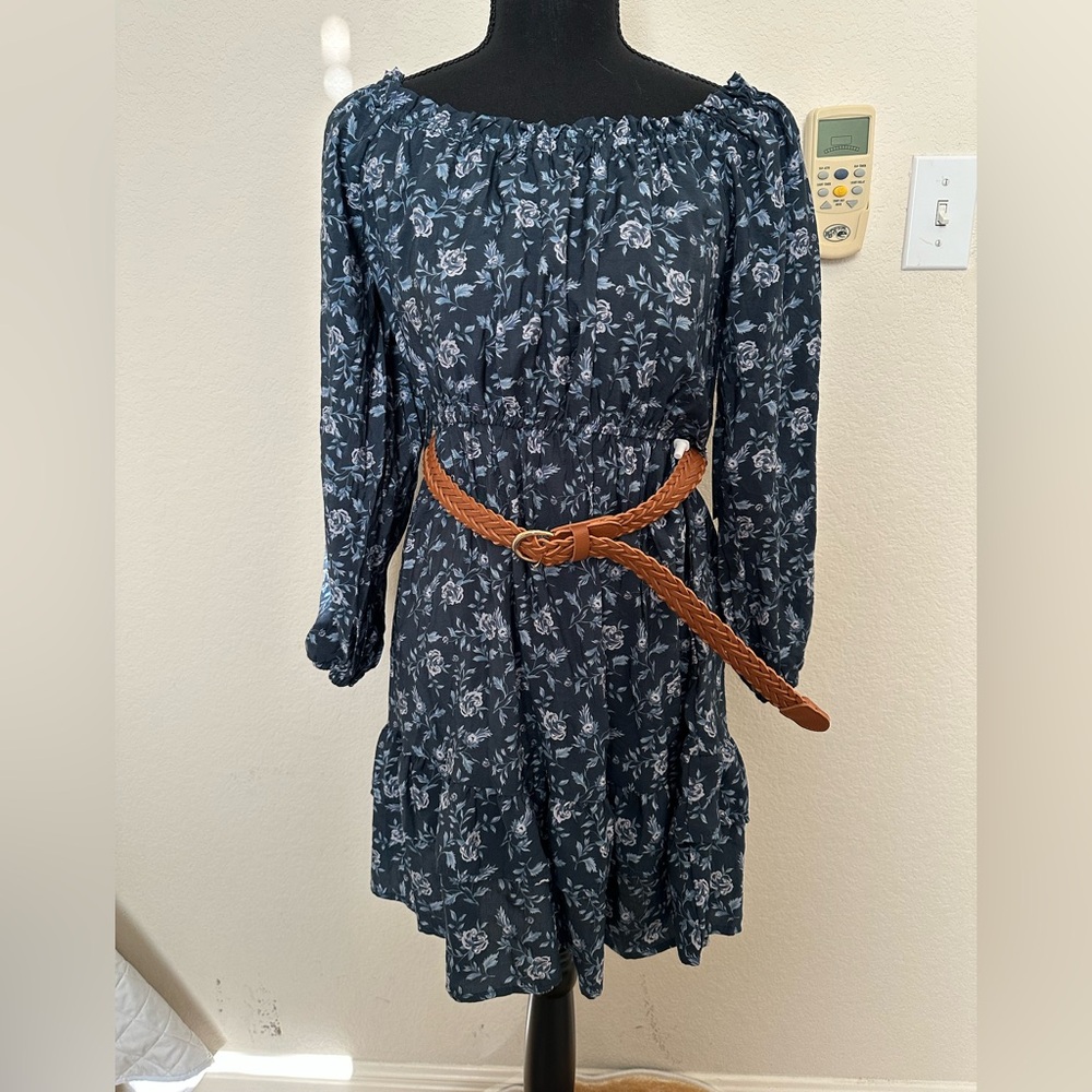 Liberty‎ Love Navy Floral Dress with Tan Belt. Size Medium. NWT.